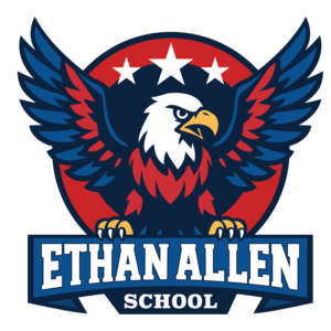 Ethan Allen School Eagle Mascot Logo Logo of Ethan Allen School featuring a fierce bald eagle with wings spread, three stars above, and a banner reading “Ethan Allen School.”