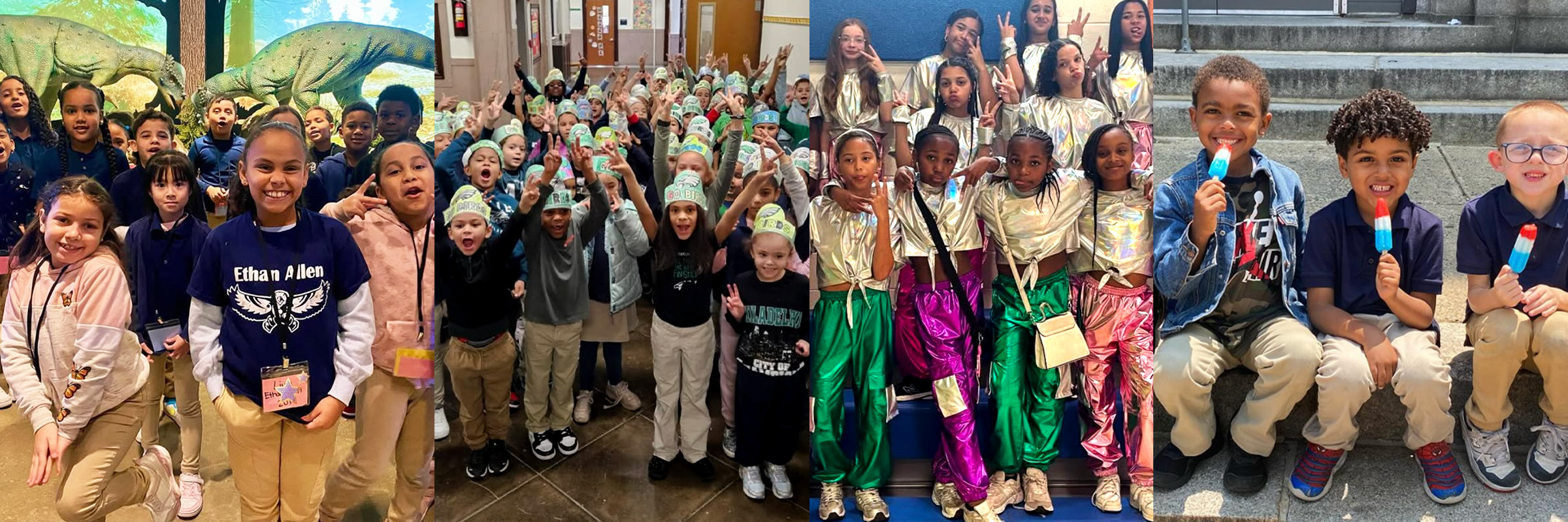 A collage of Ethan Allen students enjoying school activities: smiling on a field trip with dinosaurs in the background, cheering in the hallway with handmade “Go Birds” hats, performing in shiny dance costumes, and sharing popsicles together on the school steps.